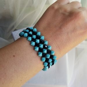 Swarovski Elements Black & Turquoise Crystal Beaded Mesh Bracelet - Handmade